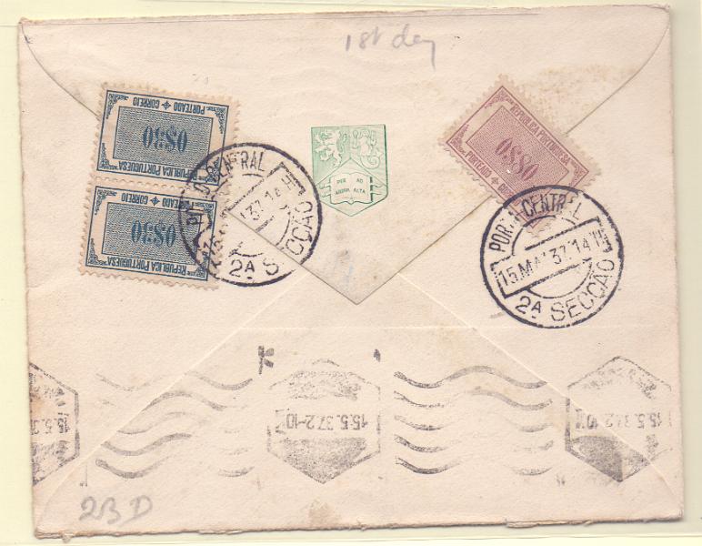 1878 v.jpg -     Lote:    1878 (verso)      Lotes pelo Correio             Descrição:         Porteado. 1932/33 &mdash; Tipo Etiqueta. Sobrescrito circulado de Birmingham para Lisboa (15.05.37) com insuficiência de franquia. Foi porteado com o dobro do porte em falta com par de selos de 0$30 e selo de 0$80 CE POR48 e 52. Selo fixo de Lisboa $20 a preto        Carta       Valor Base:     &euro; 10,00     Valor Venda:     Retirado     